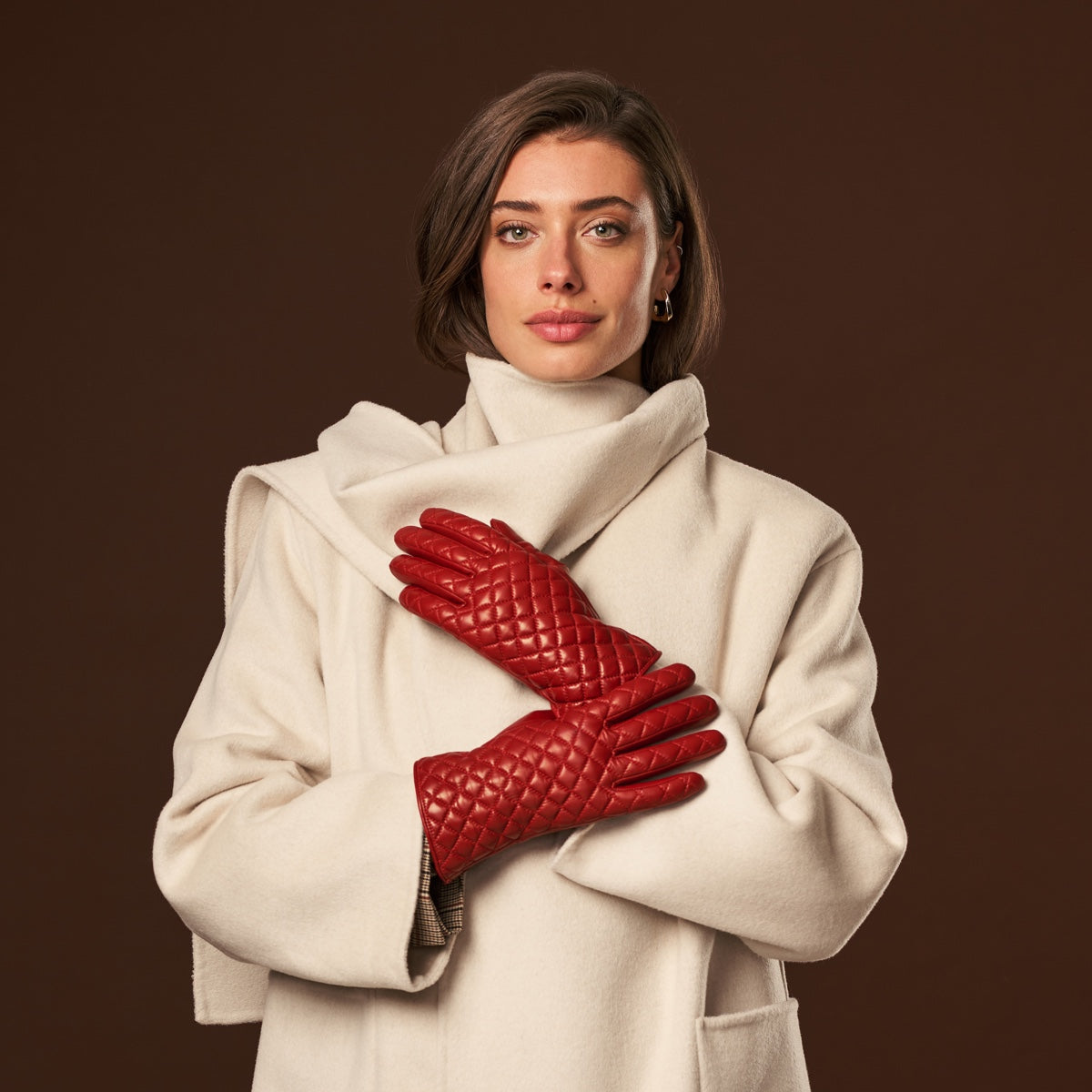 Aurora (red) - classic Italian lambskin leather gloves with cashmere lining and checkered pattern - Bellanzari - Luxury Leather Gloves - Handmade in Italy - 6