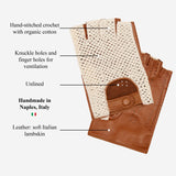 Paolo (cognac) - Met de hand genaaide Italiaanse gehaakte rijhandschoenen in lamsleer