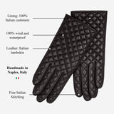 Aurora (zwart) - klassieke Italiaanse lamsleren handschoenen met kasjmier voering en ruitpatroon