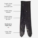 Camilla (zwart) - Italiaanse, met zijde gevoerde, 12-knoops lengte leren operahandschoenen voor dames