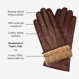 Raffaella (bruin) - Italiaanse lamsleren handschoenen met bruine konijnenbont voering