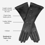 Silvana (zwart) - Italiaanse ongevoerde 8-knoops lengte leren operahandschoenen voor dames