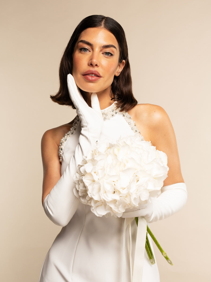 Letizia (white) – Italian unlined 12-button length leather bridal opera gloves for women - Bellanzari - Luxury Leather Gloves - Handmade in Italy - 1