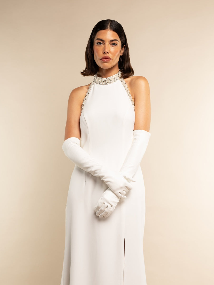 Letizia (white) – Italian unlined 12-button length leather bridal opera gloves for women - Bellanzari - Luxury Leather Gloves - Handmade in Italy - 2