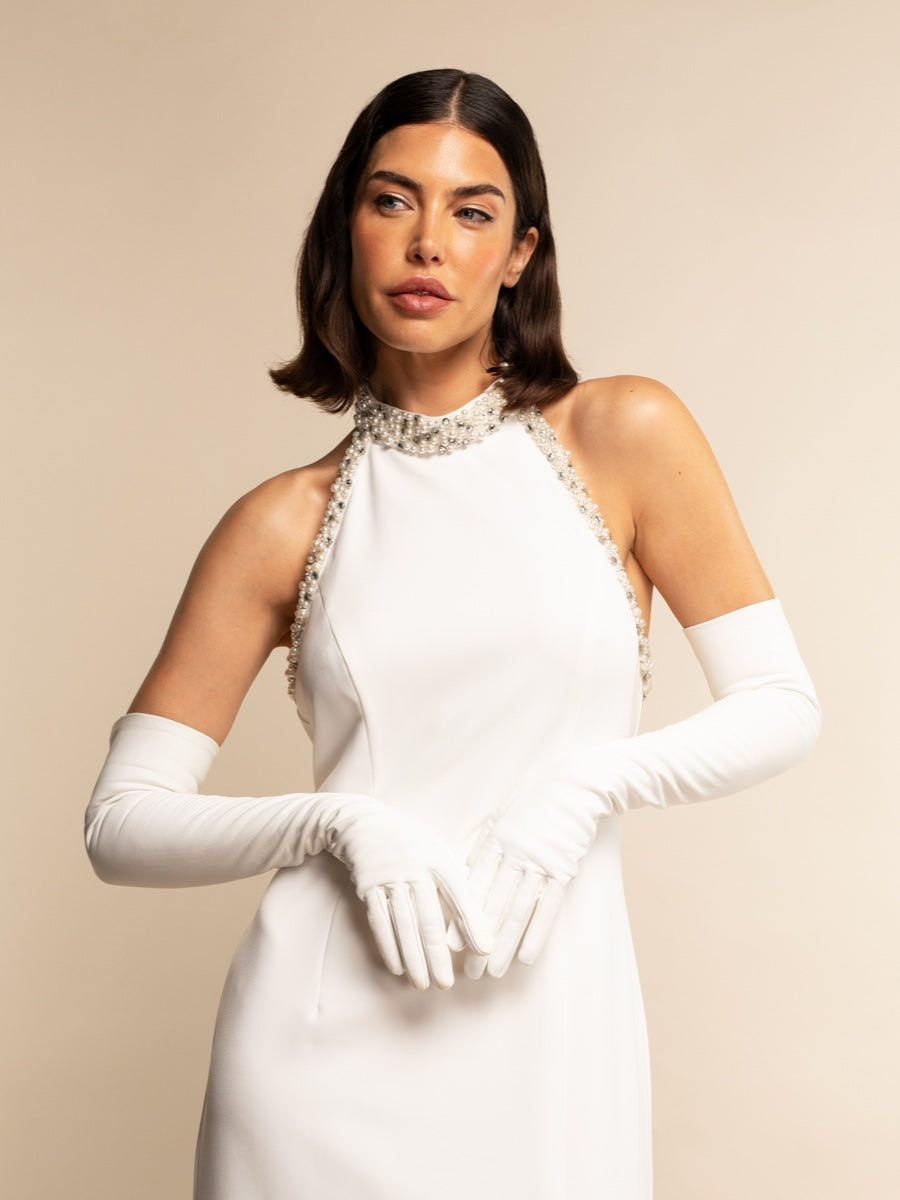 Letizia (white) – Italian unlined 16-button length leather bridal opera gloves for women - Bellanzari - Luxury Leather Gloves - Handmade in Italy - 4
