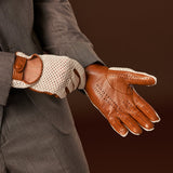 Rocco (cognac) - Hand-sewn Italian crochet driving gloves from lambskin leather - Bellanzari- Luxury Leather Gloves - Handmade in Italy - 5