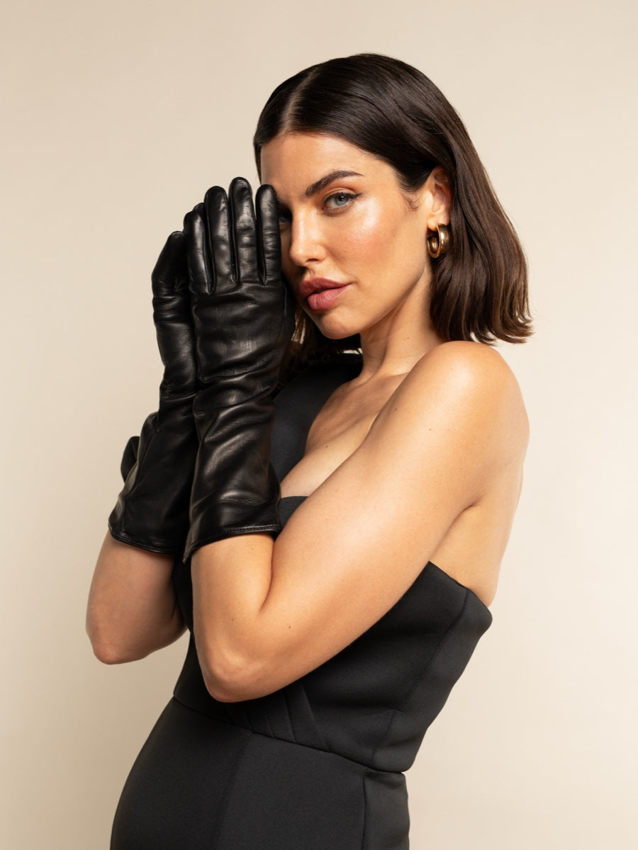 Silvana (black) - Italian unlined 6-button length leather opera gloves - Bellanzari - Luxury Leather Gloves - Handmade in Italy - 2