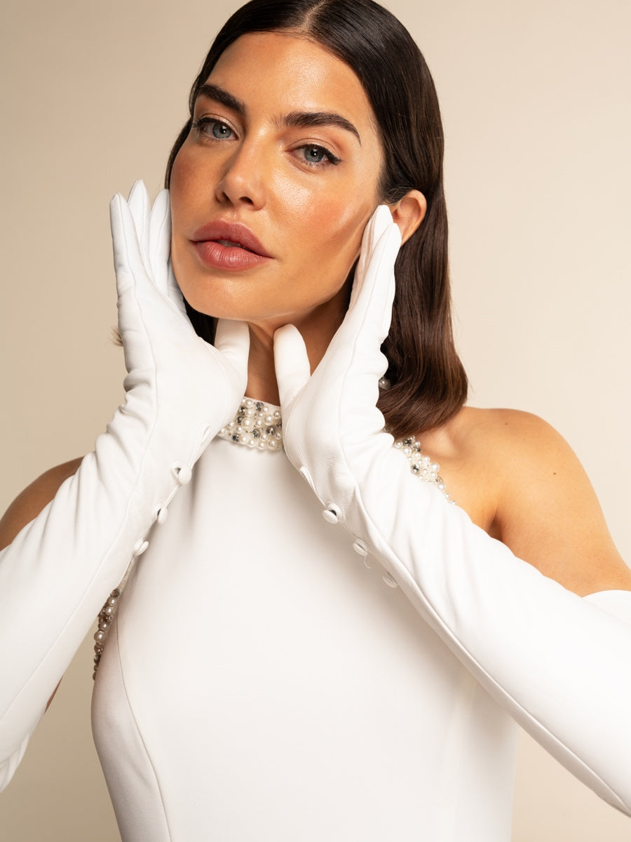 Viola (white) – Italian silk-Lined 16-button length leather bridal opera gloves for women - Bellanzari - Luxury Leather Gloves - Handmade in Italy - 3