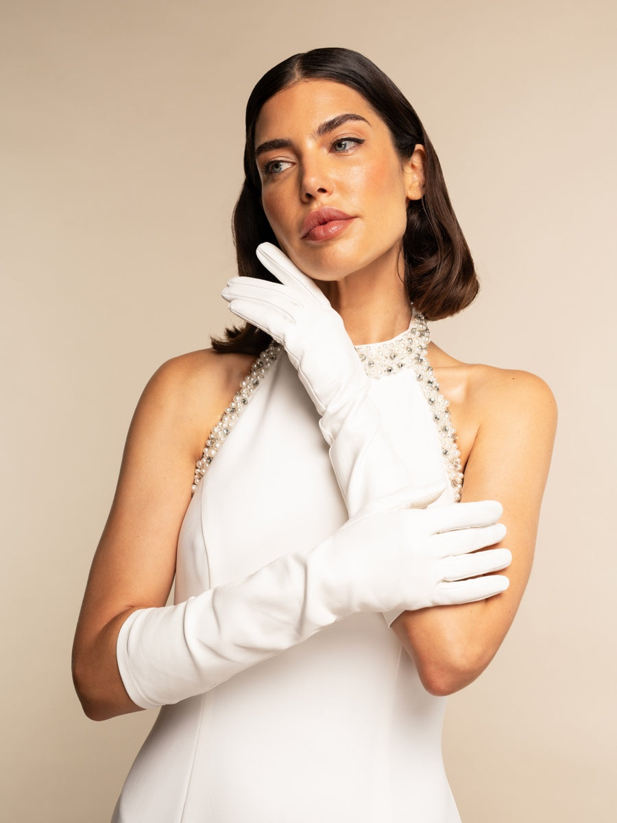 Viola (white) – Italian silk-lined 8-button leather bridal and opera gloves - Bellanzati - Luxury Leather Gloves - Handmade in Italy - 7