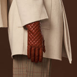Aurora (brown) - classic Italian lambskin leather gloves with cashmere lining and checkered pattern - Bellanzari - Luxury Leather Gloves - Handmade in Italy - 7