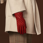Aurora (red) - classic Italian lambskin leather gloves with cashmere lining and checkered pattern - Bellanzari - Luxury Leather Gloves - Handmade in Italy - 7