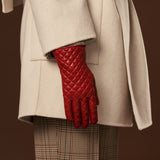 Aurora (red) - classic Italian lambskin leather gloves with cashmere lining and checkered pattern - Bellanzari - Luxury Leather Gloves - Handmade in Italy - 7