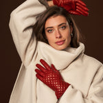 Aurora (red) - classic Italian lambskin leather gloves with cashmere lining and checkered pattern - Bellanzari - Luxury Leather Gloves - Handmade in Italy - 8