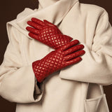 Aurora (red) - classic Italian lambskin leather gloves with cashmere lining and checkered pattern - Bellanzari - Luxury Leather Gloves - Handmade in Italy - 9