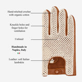 Rocco (cognac) – Handgenähte Häkel-Autohandschuhe aus italienischem Lammleder