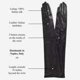 Camilla (schwarz) – Italienische, seidengefütterte Opernhandschuhe aus Leder mit 16 Knöpfen für Damen