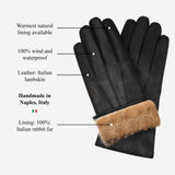 Raffaella (schwarz) – Handschuhe aus italienischem Lammleder mit braunem Kaninchenfellfutter