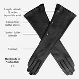 Silvana (black) – Italian unlined 16-button length leather opera gloves for women