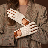 Bianca (cognac) - Hand-sewn Italian crochet driving gloves from lambskin leather - Bellanzari - Luxury Driving Gloves - Handmade in Italy - 8