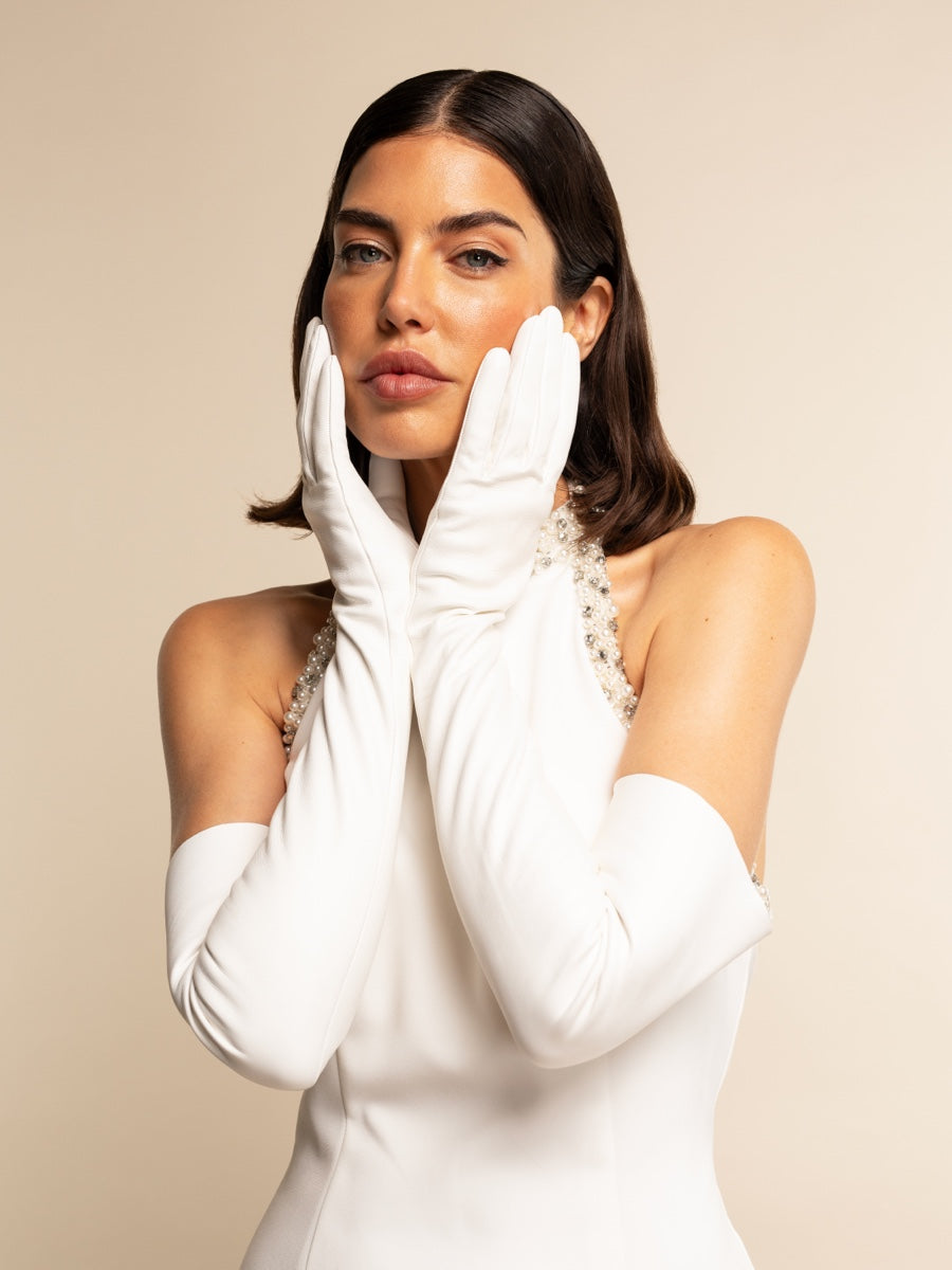 Letizia (white) – Italian unlined 16-button length leather bridal opera gloves for women - Bellanzari - Luxury Leather Gloves - Handmade in Italy - 2