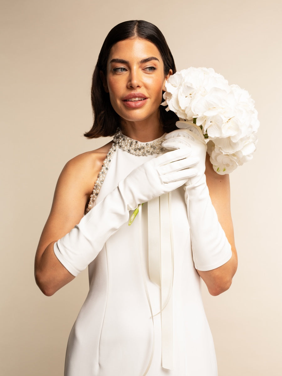 Letizia (white) – Italian unlined 8-button length leather bridal opera gloves for women - Bellanzari - Luxury Leather Gloves - Handmade in Italy - 6