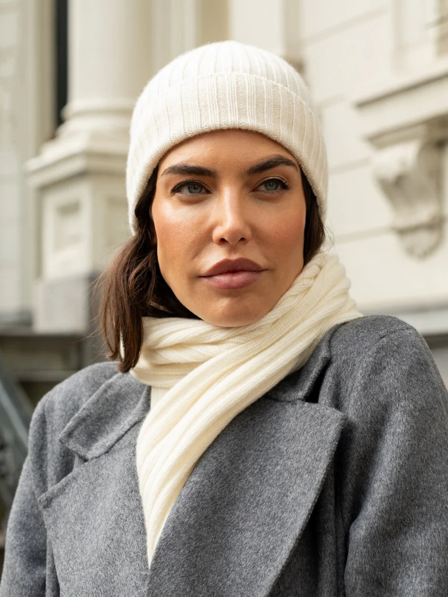 Milano (cream) - 100% cashmere ribbed beanie (unisex) - Bellanzari- Premium Beanie 