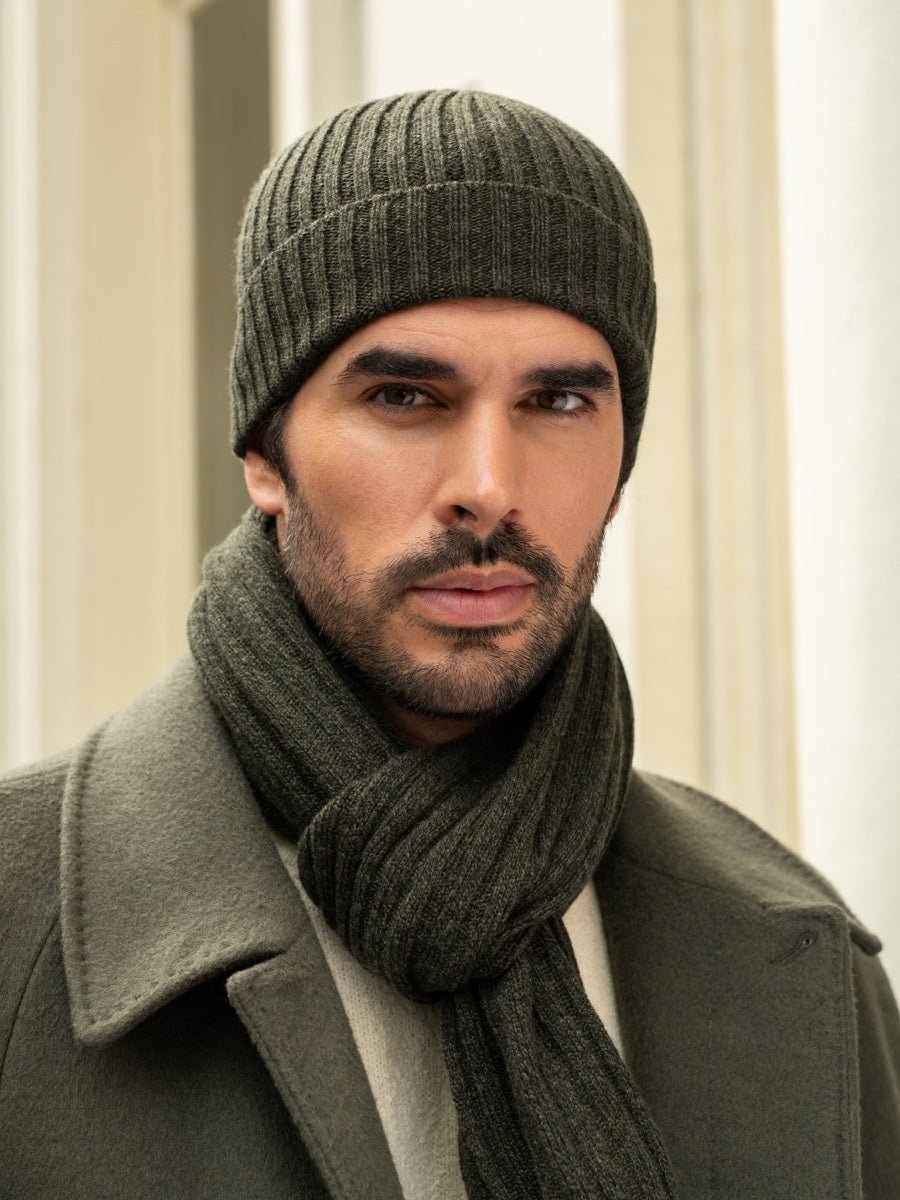 Milano (dark green) - 100% cashmere ribbed beanie (unisex) - Leather Gloves Online - Luxury Beanie - 2