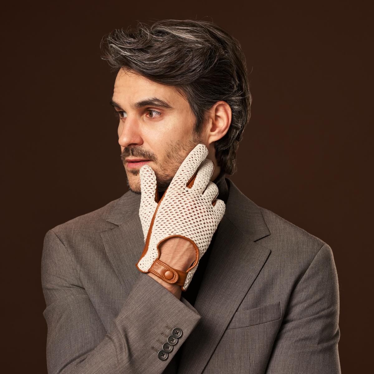 Rocco (cognac) - Hand-sewn Italian crochet driving gloves from lambskin leather - Bellanzari- Luxury Leather Gloves - Handmade in Italy- 10