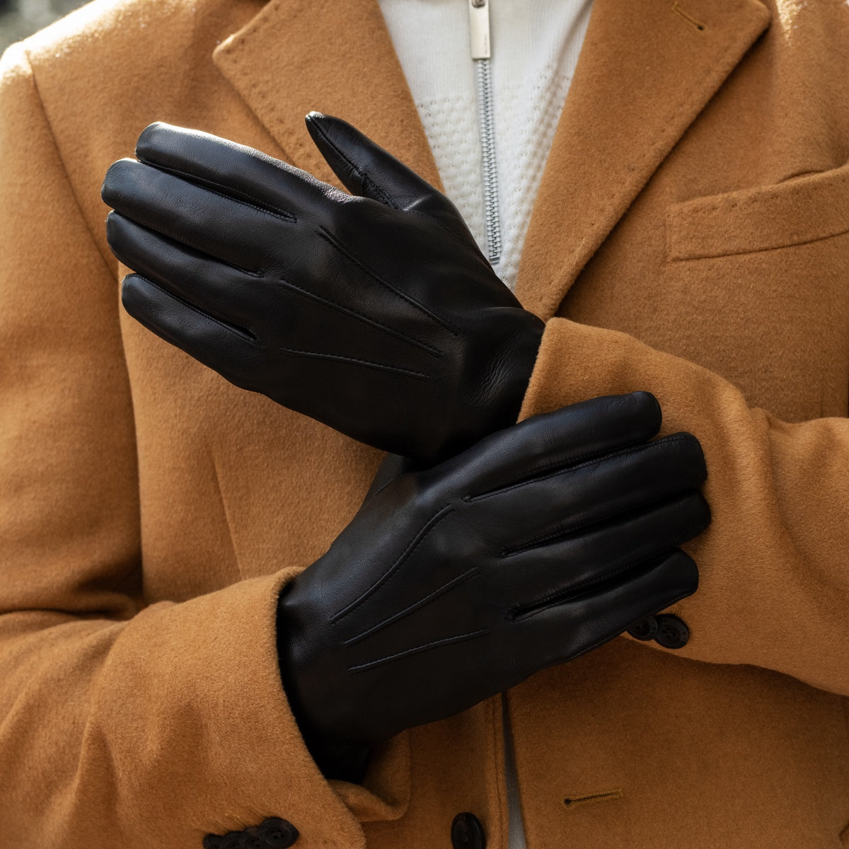 Sergio (black) - Italian lambskin leather gloves with brown rabbit fur lining - Bellanzari- Luxury Leather Gloves - Handmade in Italy - 7
